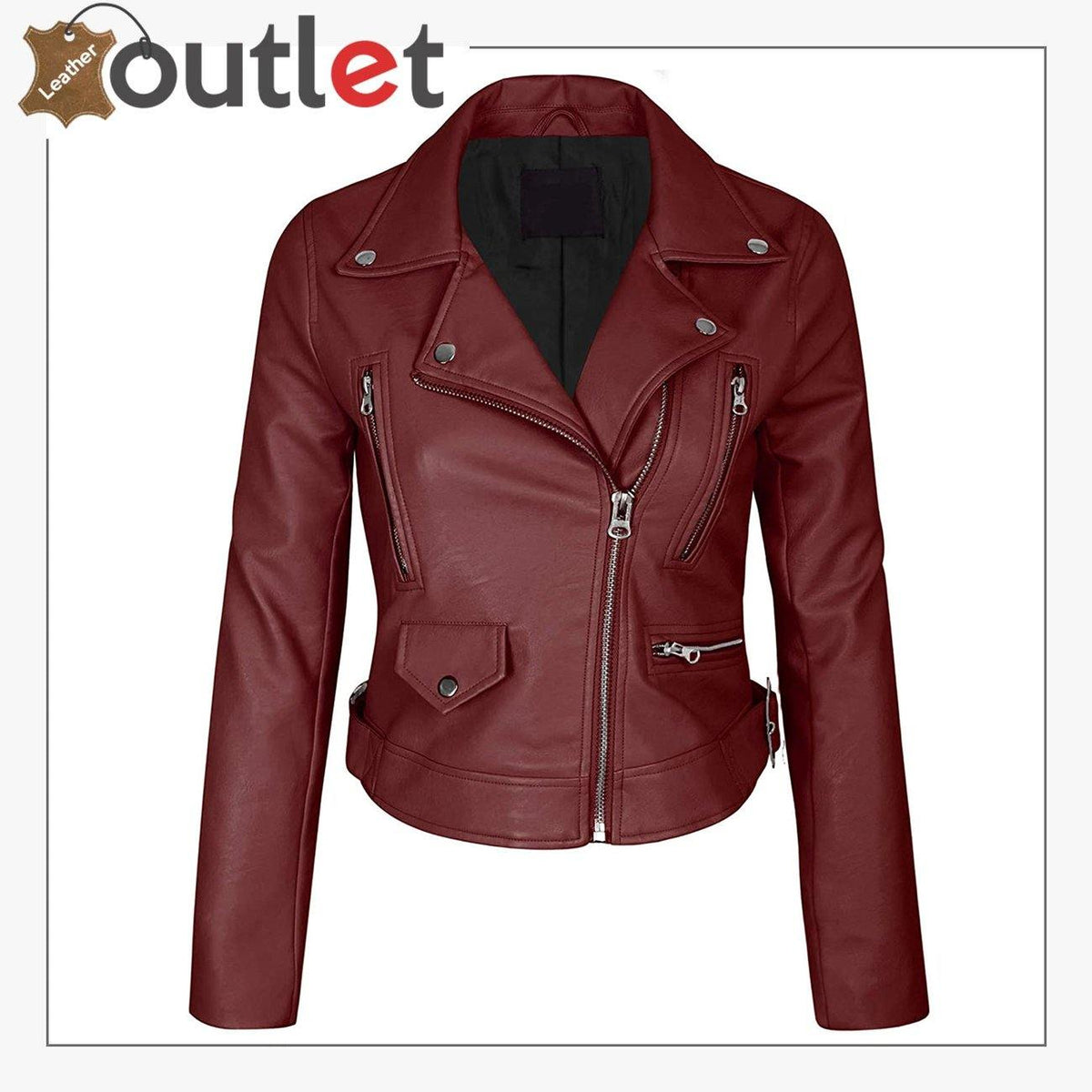 Womens black faux leather zip up bomber jacket, front view