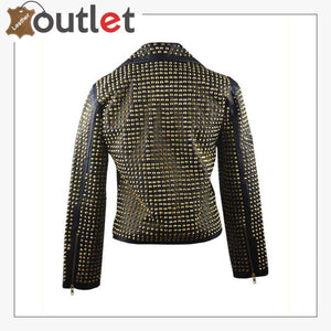 Womens Full Golden Studded Leather Jacket - Leather Outlet