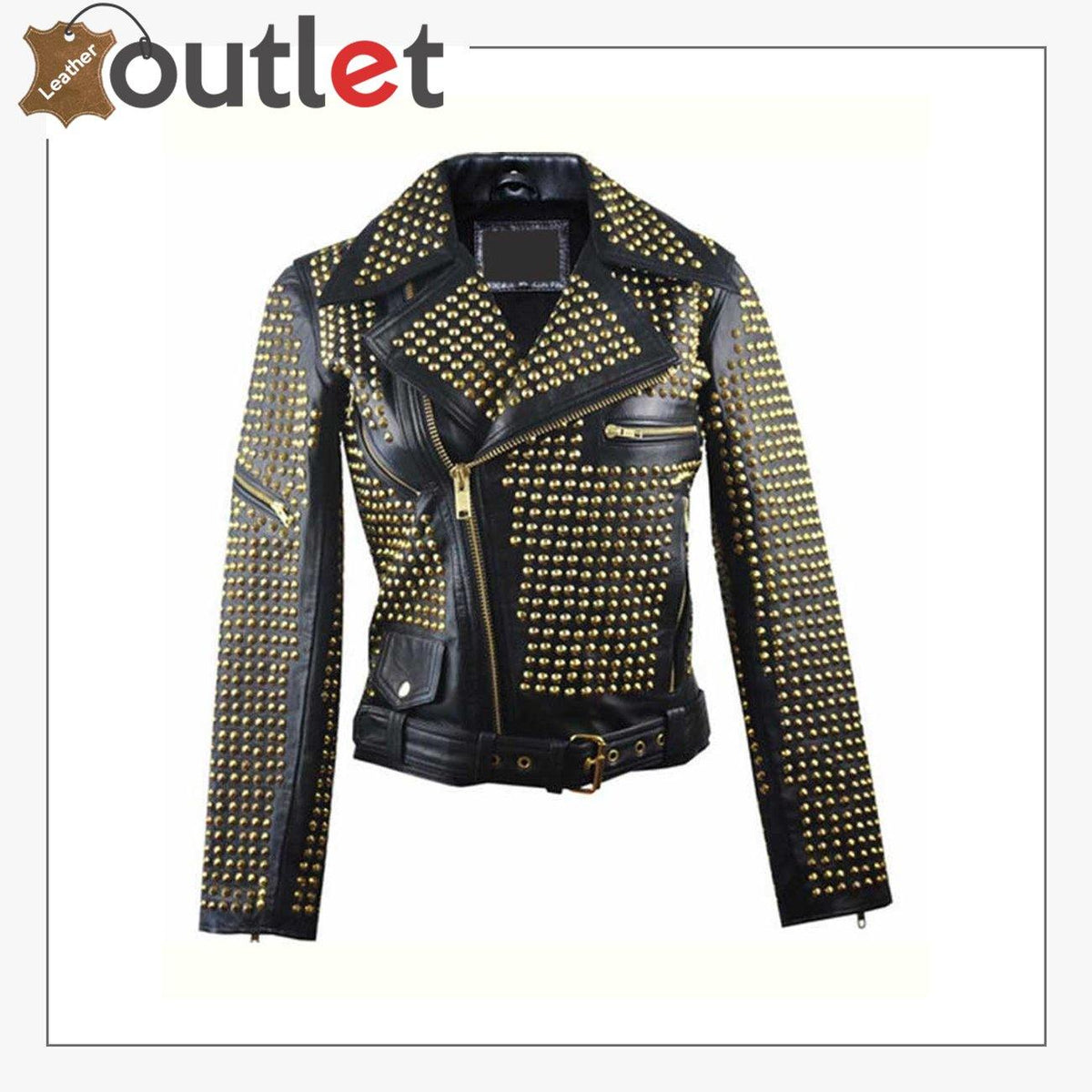 Womens full golden studded leather jacket, front view with all over gold studs