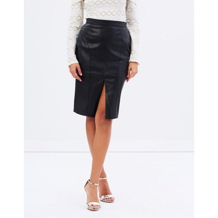 Womens high waisted black leather mini pencil skirt