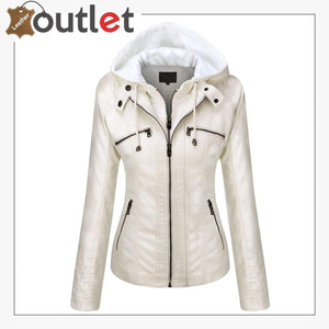 Womens Hooded Faux Leather Fashion Jacket