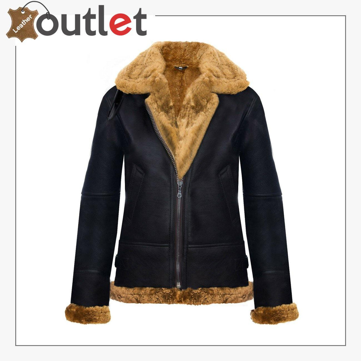 Womens hooded sheepskin B3 flying leather jacket in brown, front view with shearling hood