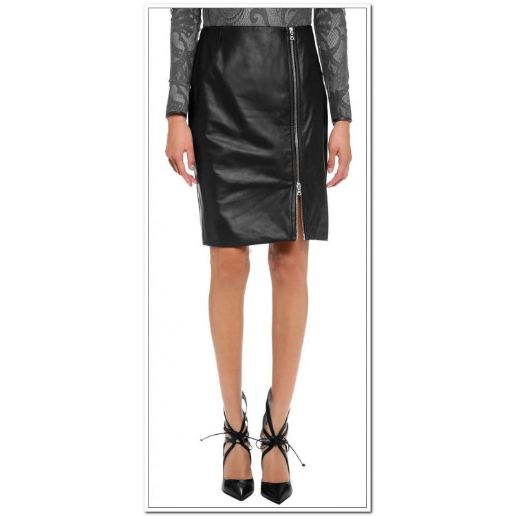 Womens knee length black lambskin leather skirt