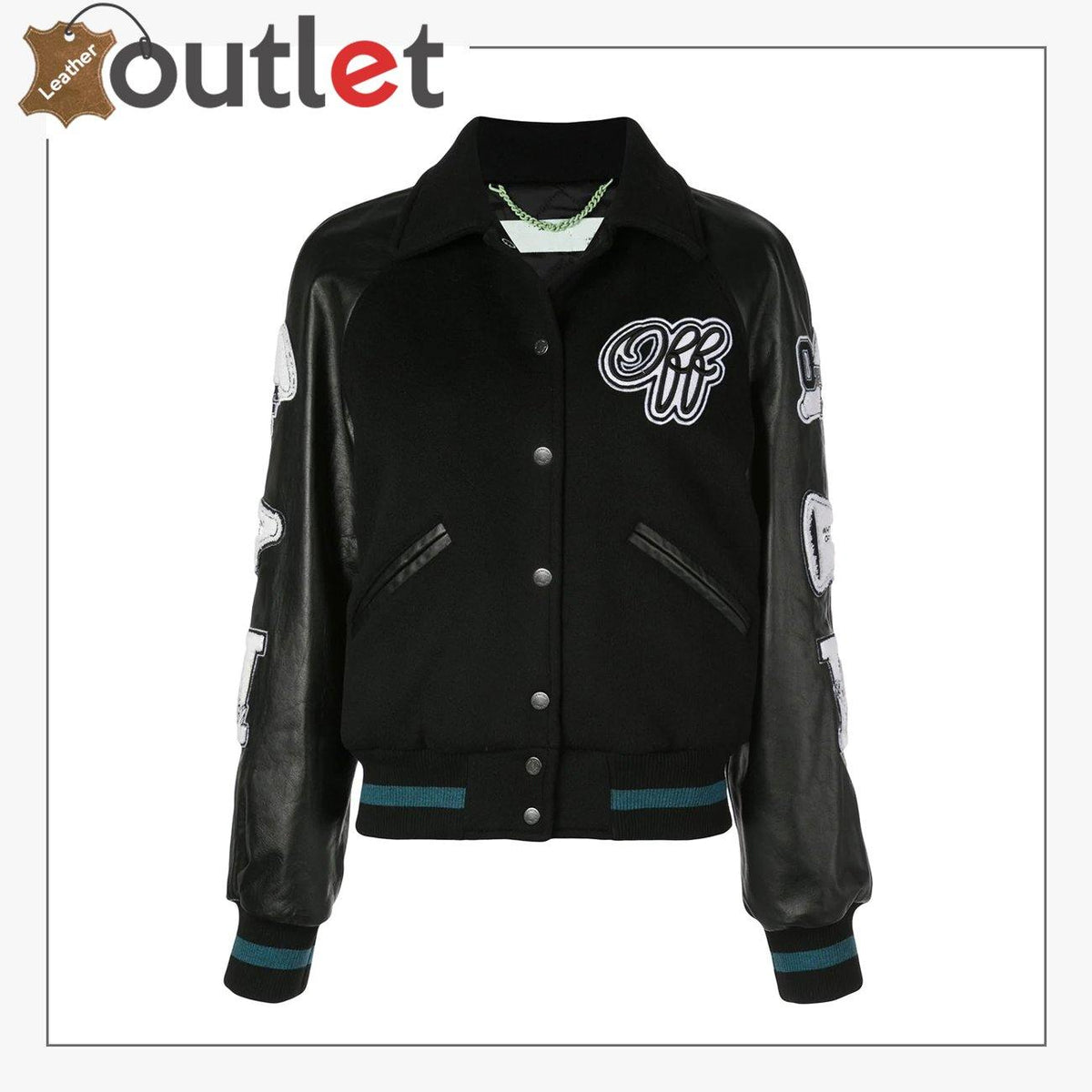 Womens leather varsity inspired bomber jacket with zip front, front view