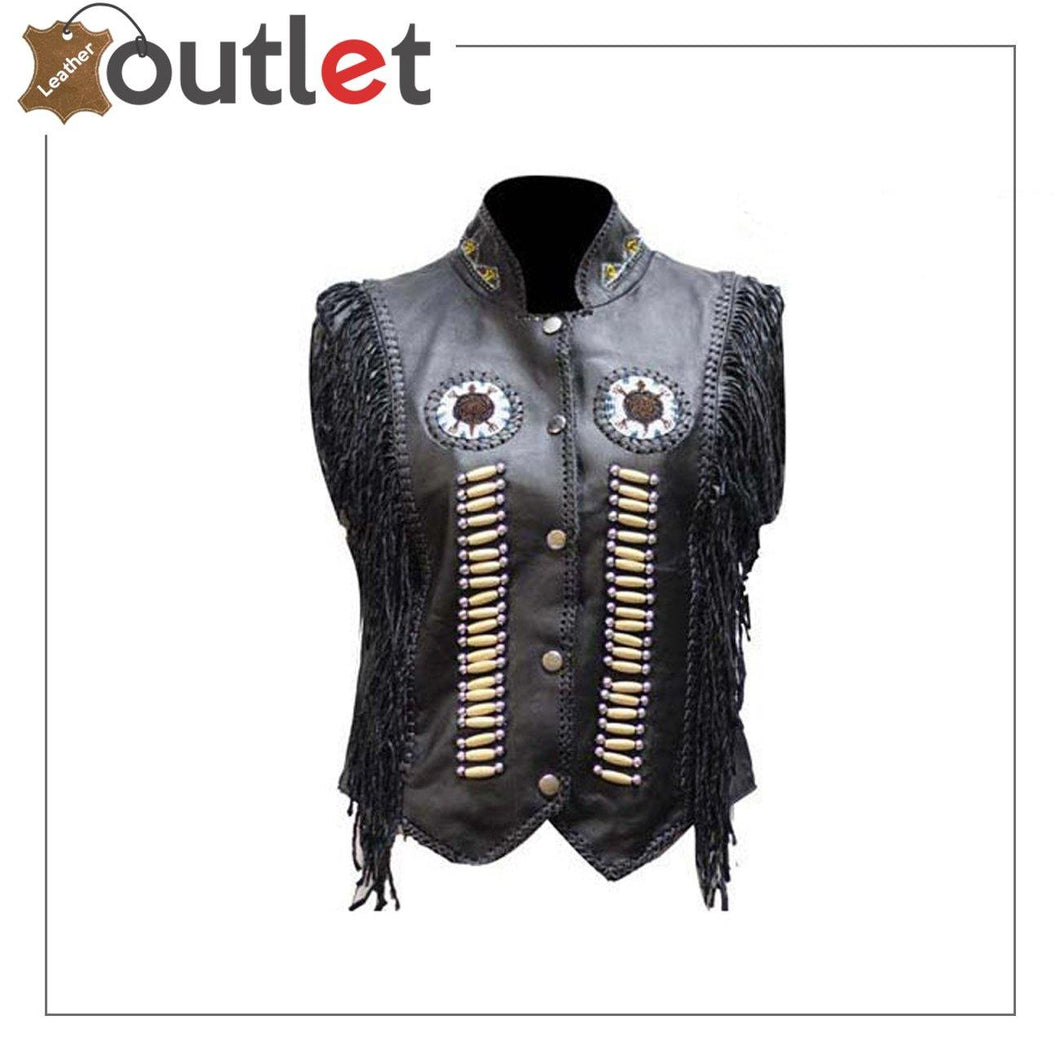 Womens Leather Vest With Nylon Lining Bone & Beads - Leather Outlet