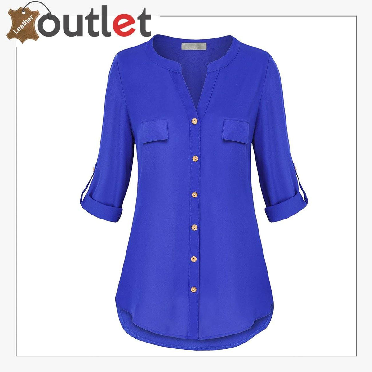 Womens black leather shirt with notch V-neck and tab sleeves, front view