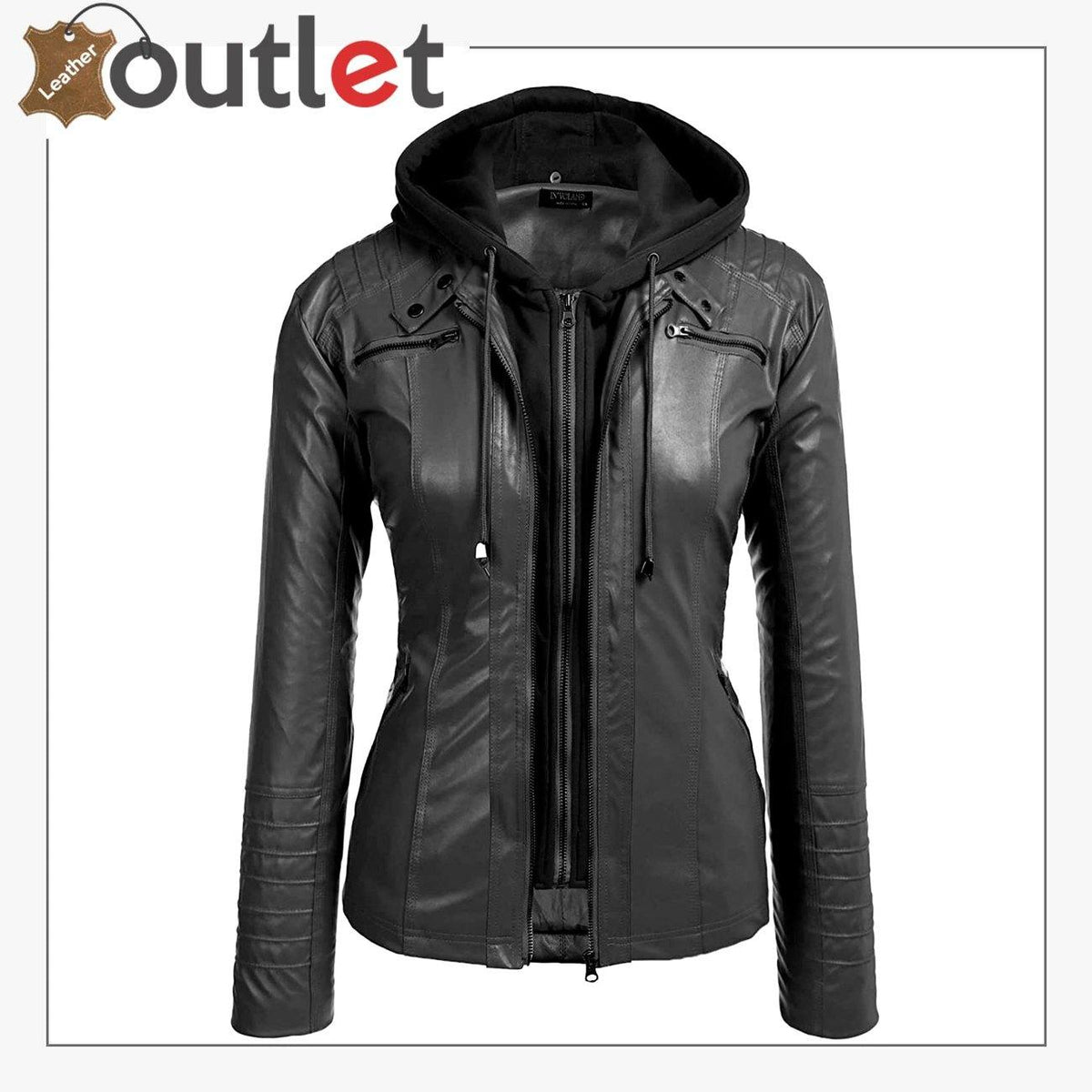 Womens plus size black faux leather moto hoodie jacket, front view