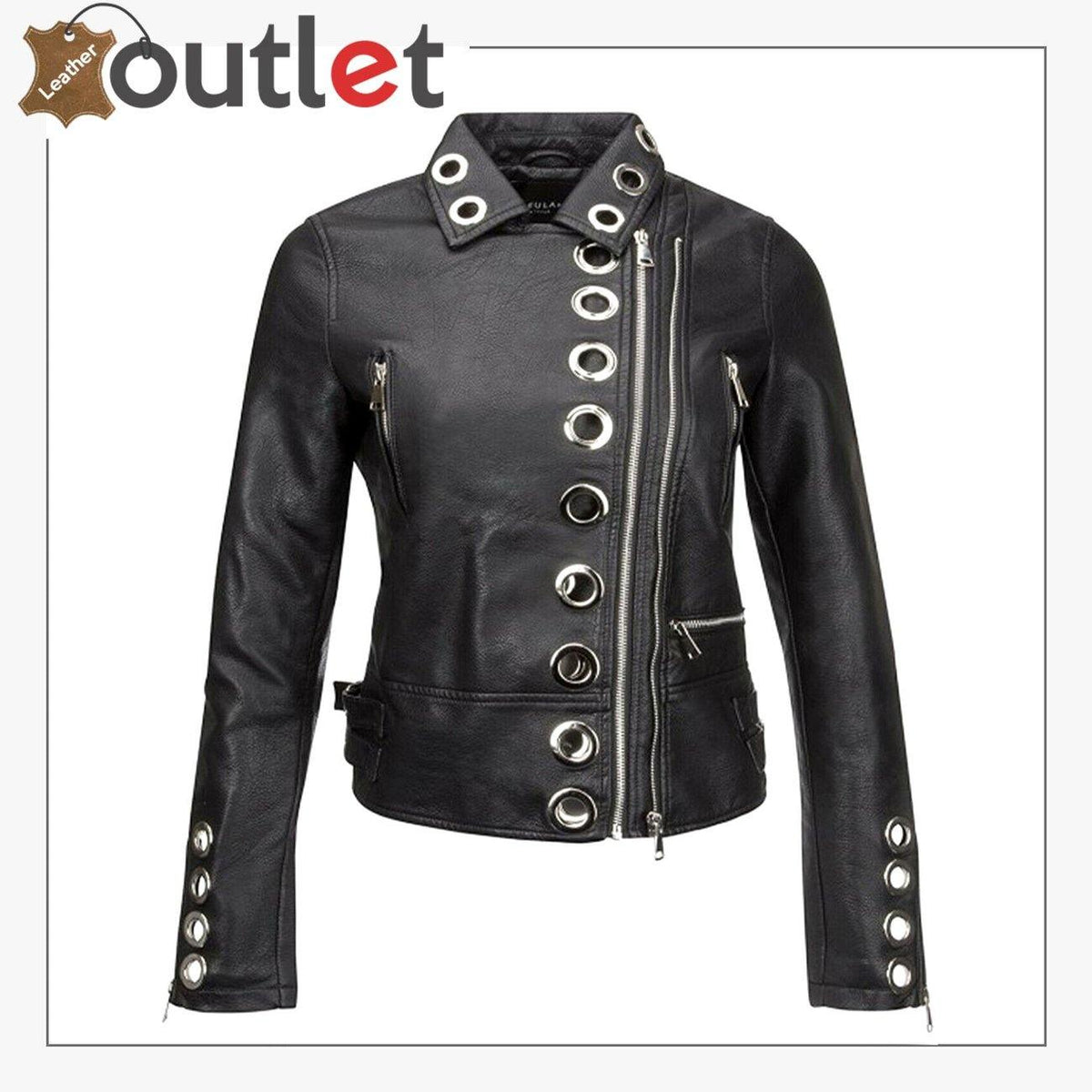 Womens real black leather studded eyelet jacket, front view
