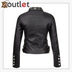 Womens Real Black Leather Studded Eyelet Jacket