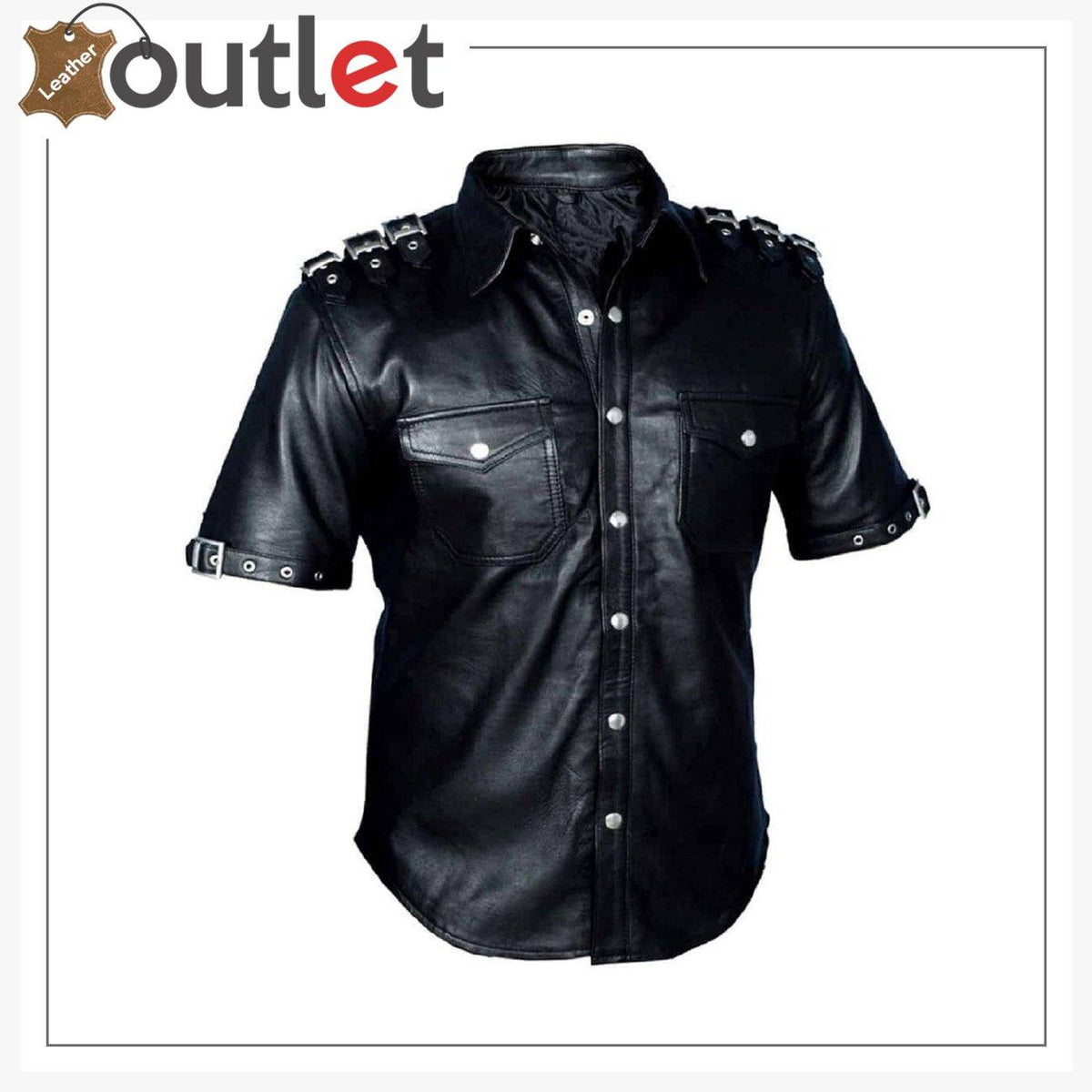 Womens black real leather shirt in uniform style with epaulettes and flap pockets