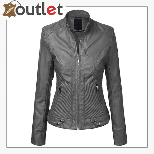 Womens Removable Hooded Faux Leather Moto Biker Fashion Jacket