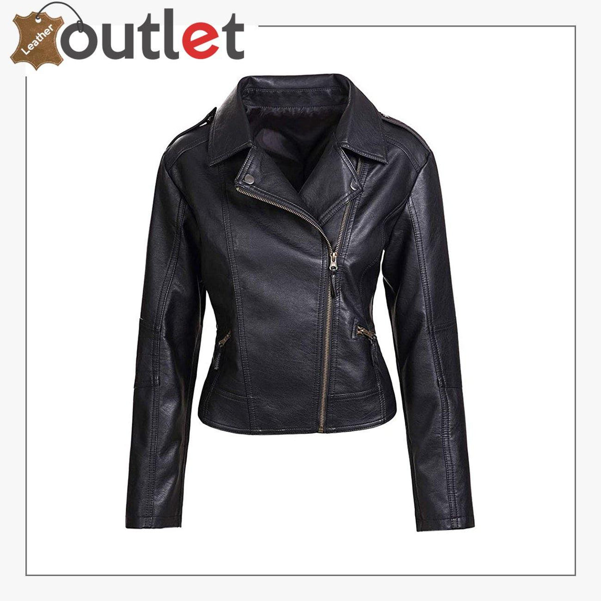 Womens slim tailored faux leather moto biker jacket in black, front view