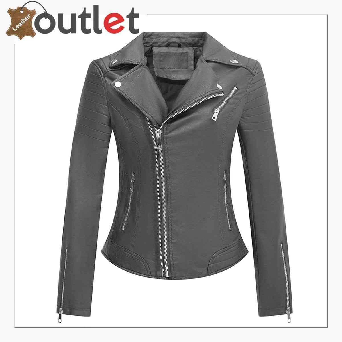 Womens studded leather moto biker jacket in close fit, front view