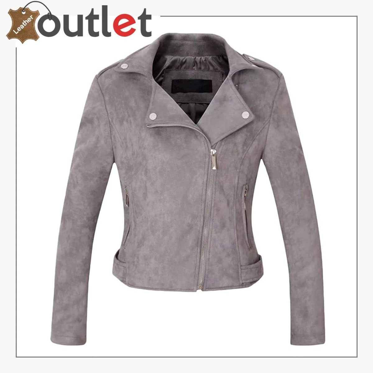 Womens leather jacket with notched collar and oblique zip, front view