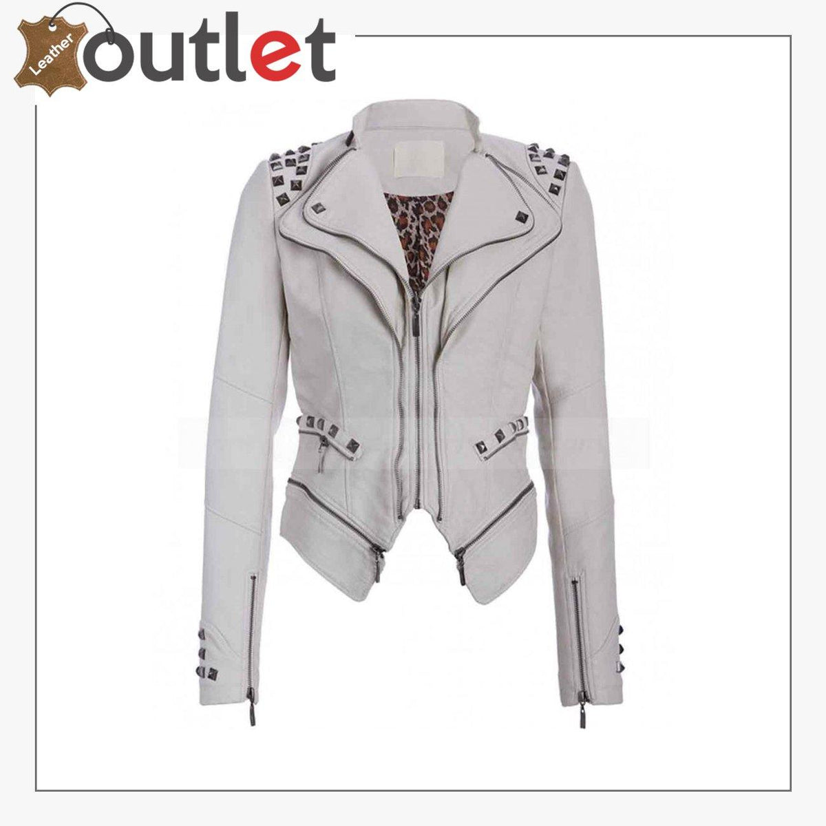 Womens white studded punk leather jacket with silver studs, front view