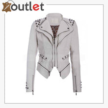 Load image into Gallery viewer, Womens White Studded Punk Leather Jacket - Leather Outlet
