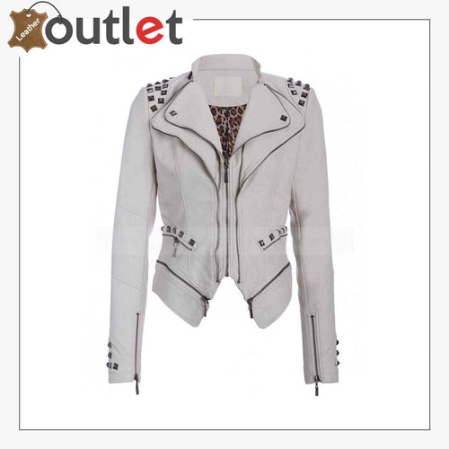 Womens White Studded Punk Leather Jacket - Leather Outlet