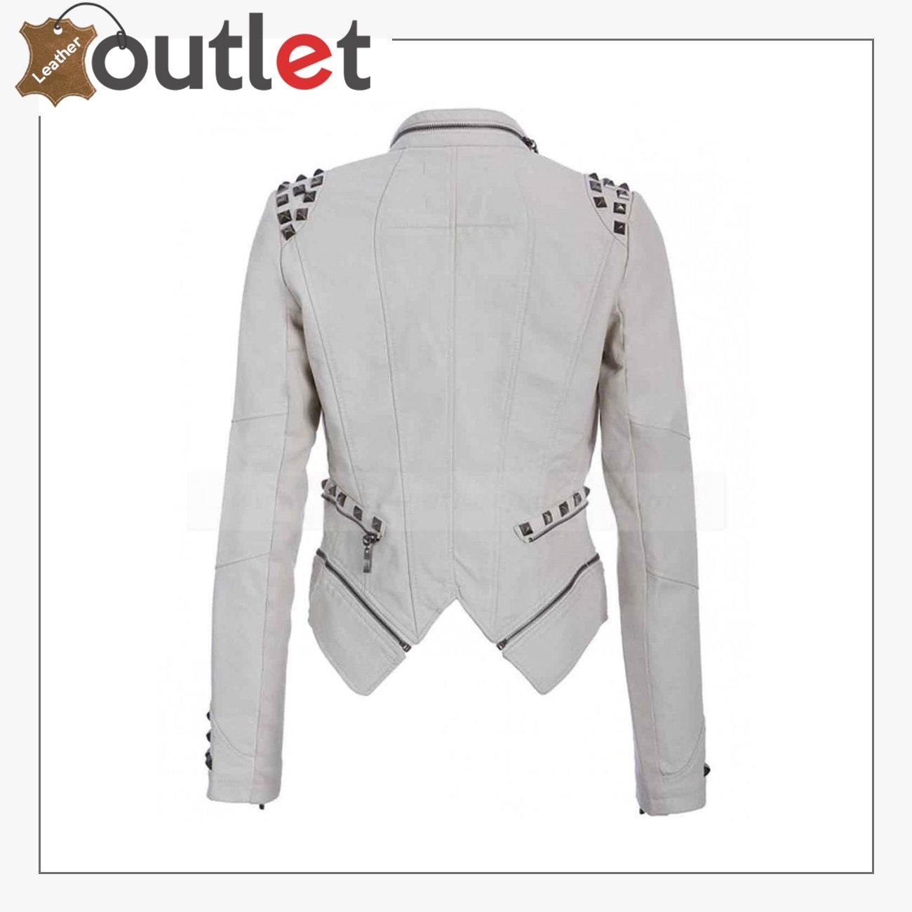 Womens White Studded Punk Leather Jacket