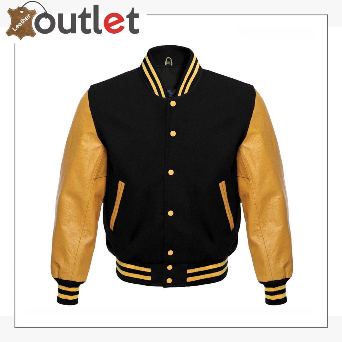 Wool blend baseball varsity jacket with genuine leather sleeves, front view