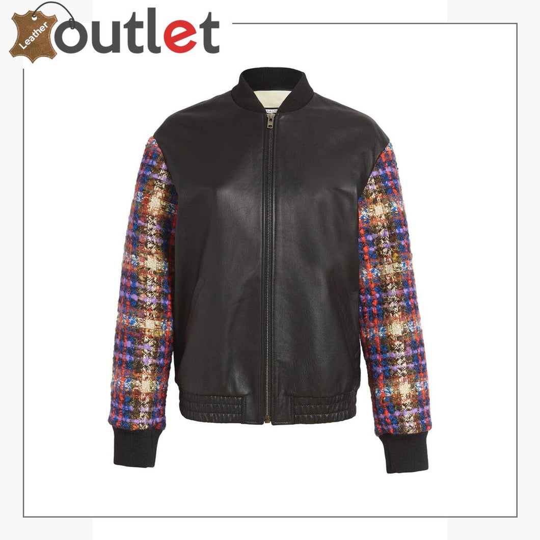 Wool Blend Tweed & Leather Bomber Jacket - Leather Outlet