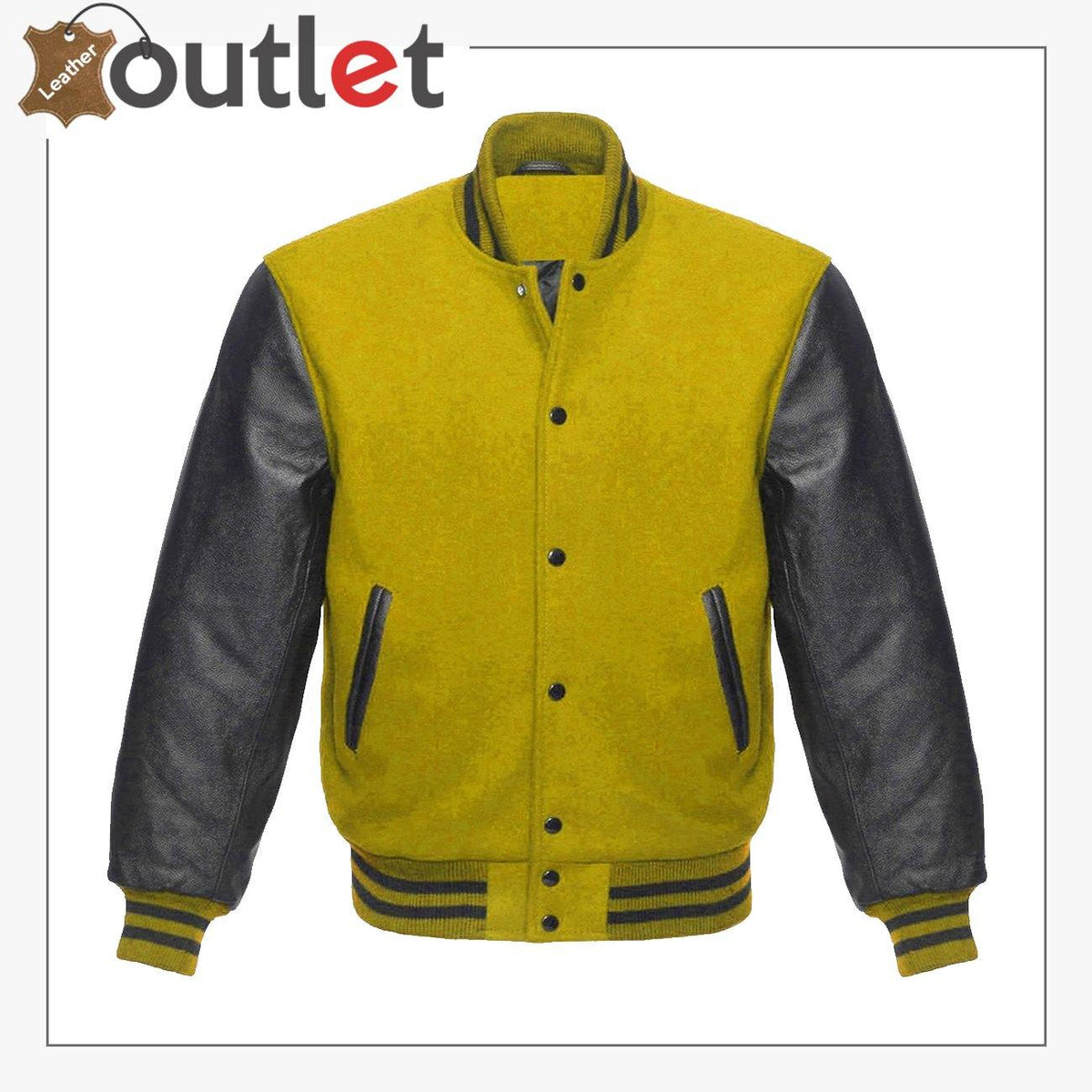 Womens wool and leather letterman varsity jacket, front view with snap placket