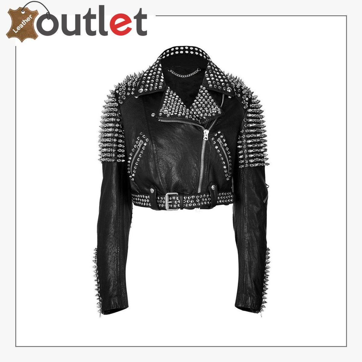 Womens black studded leather jacket in pop rock style, front view