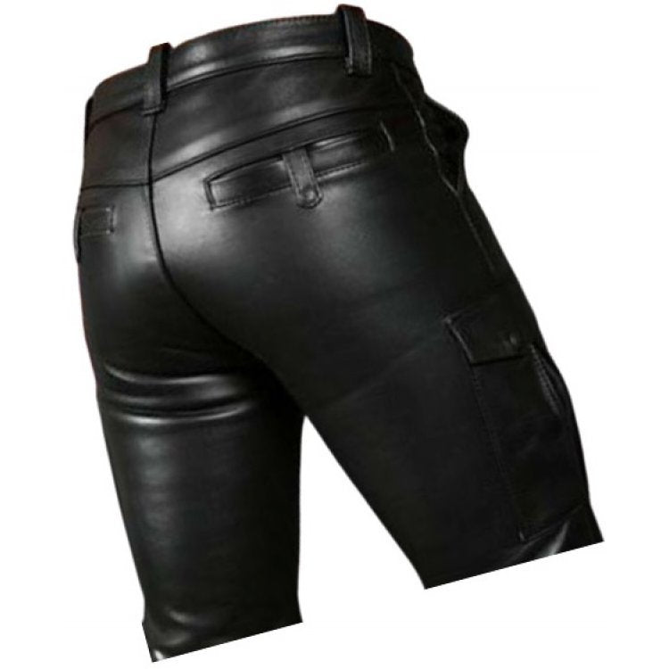Double Front Zipper Real Sheepskin Black Leather Cargo Shorts For Men Leather Outlet