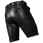 Double Front Zipper Real Sheepskin Black Leather Cargo Shorts For Men Leather Outlet