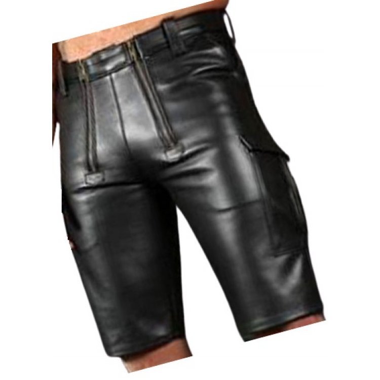 Real sheepskin black leather cargo shorts for men with double front zips