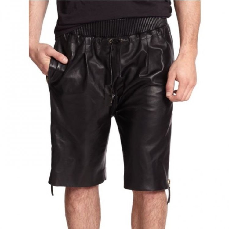 Genuine lambskin black leather shorts for men, soft and lightweight