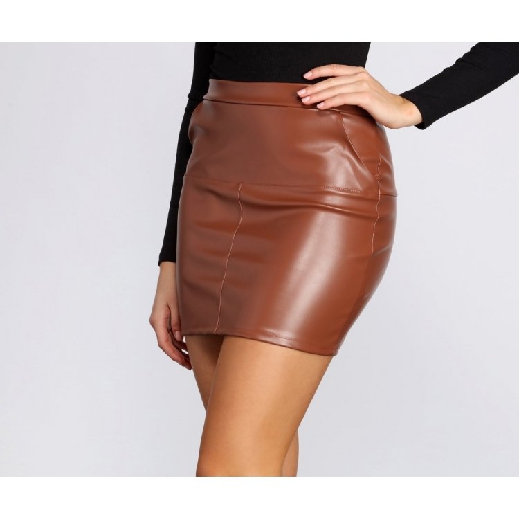 Girls High Rise Waist Hugging Fit Brown Leather Mini Skirt Leather Outlet