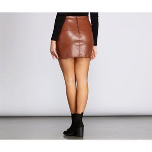 Girls High Rise Waist Hugging Fit Brown Leather Mini Skirt Leather Outlet