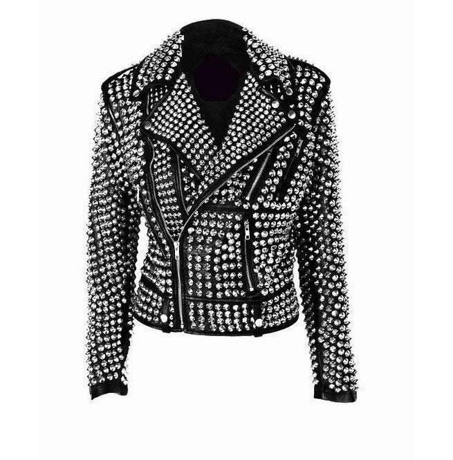 Women all over silver studded cowhide leather jacket, front view