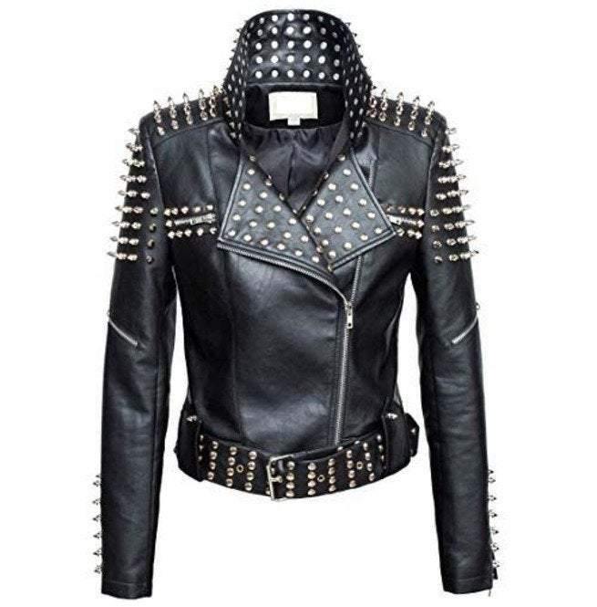 Handmade women black punk silver spiked studded leather biker jacket, front view