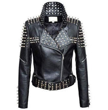 Load image into Gallery viewer, Handmade Women Black Punk Silver Spiked Studded Leather Biker Jacket - Leather Outlet

