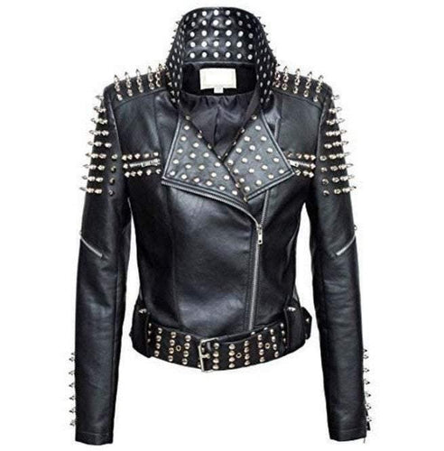 Handmade Women Black Punk Silver Spiked Studded Leather Biker Jacket - Leather Outlet