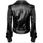 Handmade Women Black Punk Silver Spiked Studded Leather Biker Jacket - Leather Outlet