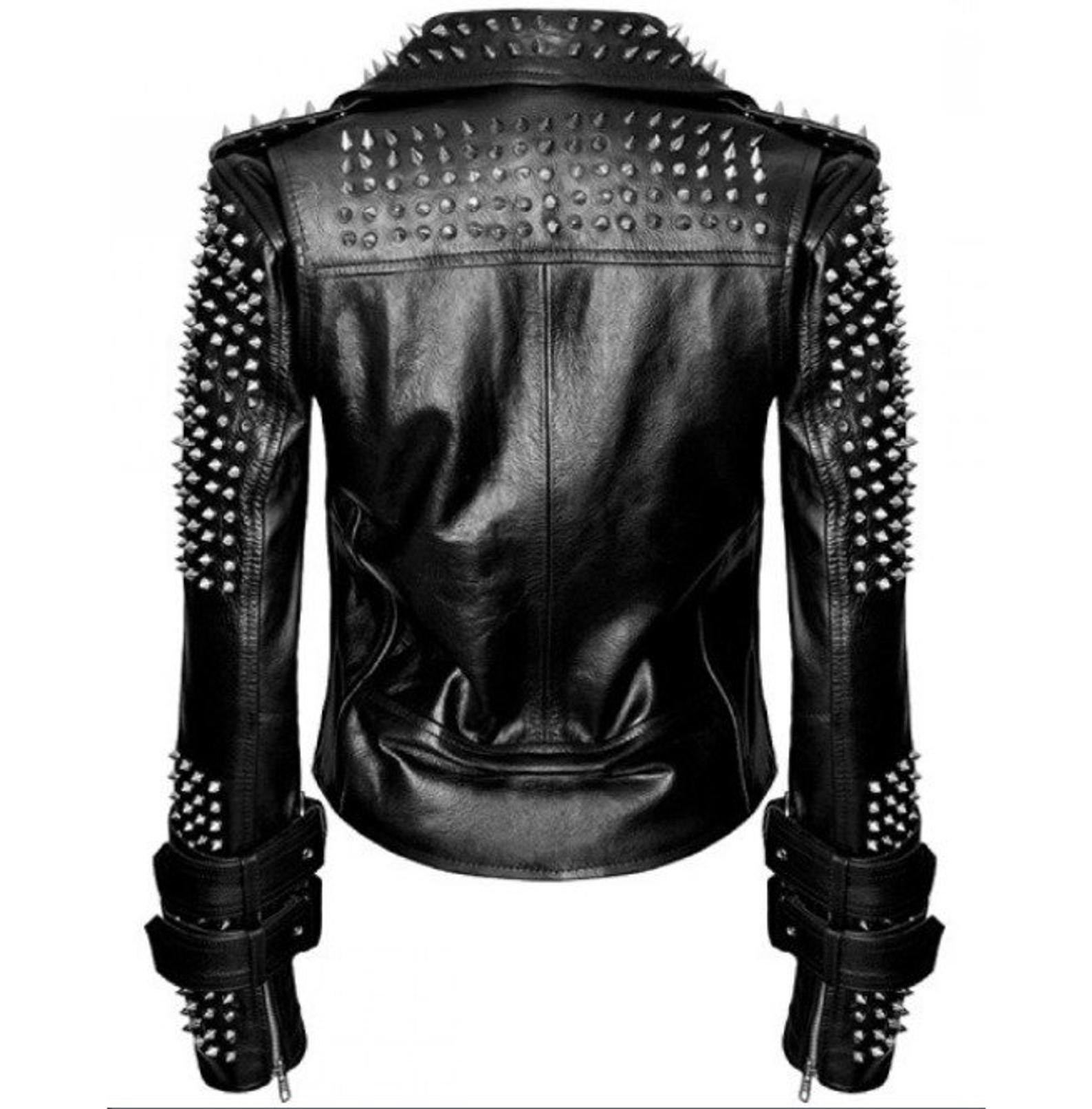 Handmade Women Black Punk Silver Spiked Studded Leather Biker Jacket - Leather Outlet