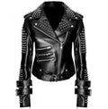 Handmade Women Black Punk Silver Spiked Studded Leather Biker Jacket - Leather Outlet