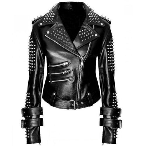 Handmade Women Black Punk Silver Spiked Studded Leather Biker Jacket - Leather Outlet