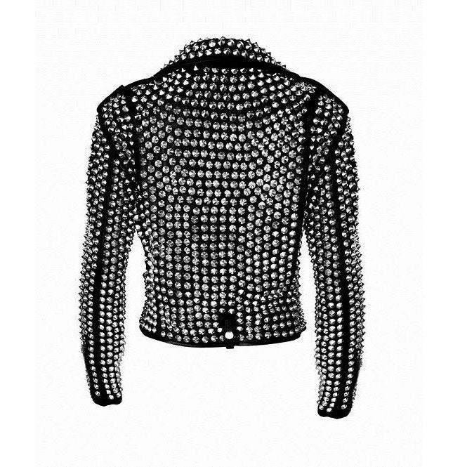Handmade Women Rock Star All over Silver Studded Cowhide Leather Jacket - Leather Outlet