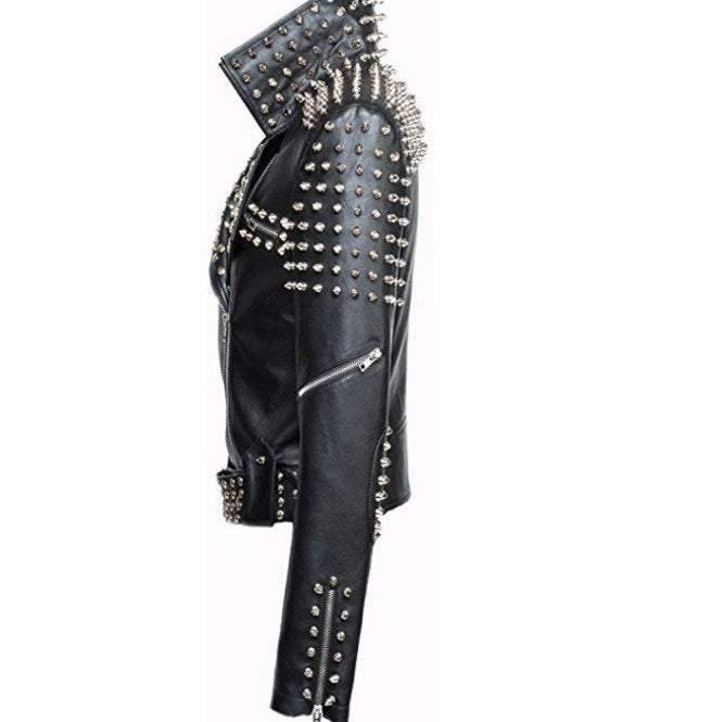 Handmade Women Black Punk Silver Spiked Studded Leather Biker Jacket - Leather Outlet