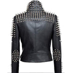 Handmade Women Black Punk Silver Spiked Studded Leather Biker Jacket - Leather Outlet