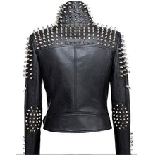 Load image into Gallery viewer, Handmade Women Black Punk Silver Spiked Studded Leather Biker Jacket - Leather Outlet
