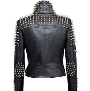Handmade Women Black Punk Silver Spiked Studded Leather Biker Jacket - Leather Outlet