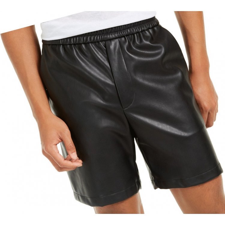 Men casual real sheepskin black leather shorts, plain cut