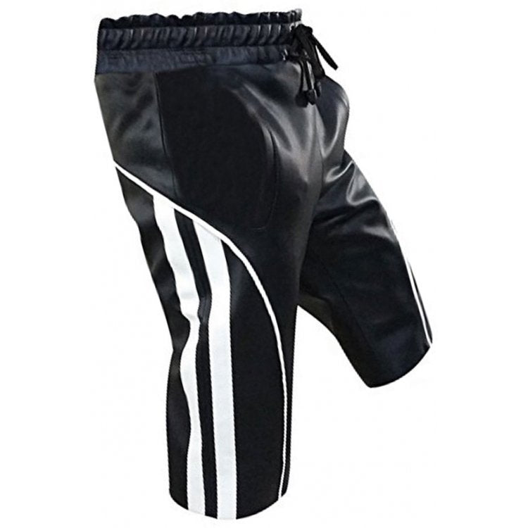 Designer real sheepskin black leather cargo shorts for men