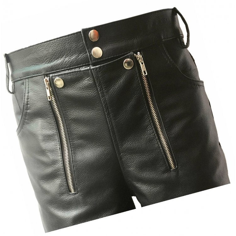 Men double zipper snap button front black sheepskin leather shorts