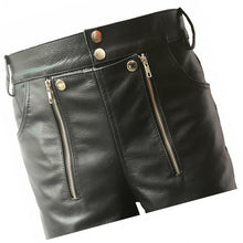Load image into Gallery viewer, Men Double Zipper Snap Button Front Real Sheepskin Black Leather Shorts
