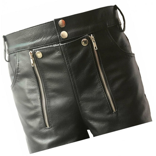 Men Double Zipper Snap Button Front Real Sheepskin Black Leather Shorts Leather Outlet